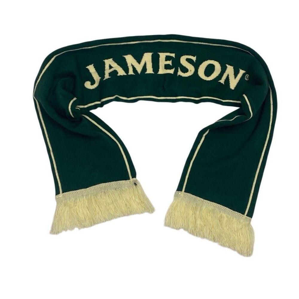 Jameson Green Cream Fringed Scarf Double Sided 55”x7.5” Irish Theme Accessory